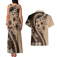 Bula Fiji Couples Matching Tank Maxi Dress and Hawaiian Shirt Mocha Brown Kaivity Masi Tapa LT7 - Polynesian Pride