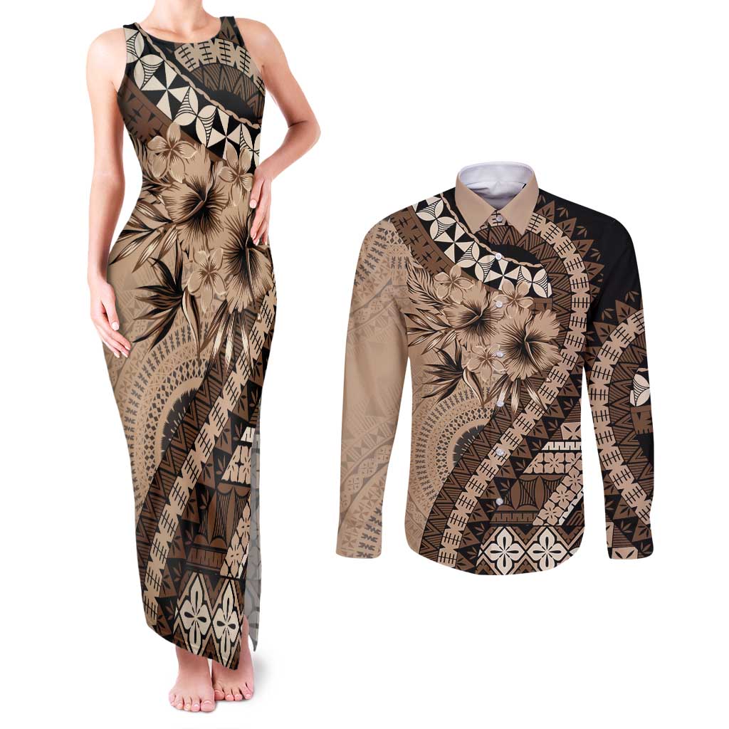 Bula Fiji Couples Matching Tank Maxi Dress and Long Sleeve Button Shirt Mocha Brown Kaivity Masi Tapa LT7 Brown - Polynesian Pride
