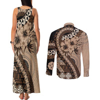 Bula Fiji Couples Matching Tank Maxi Dress and Long Sleeve Button Shirt Mocha Brown Kaivity Masi Tapa LT7 - Polynesian Pride