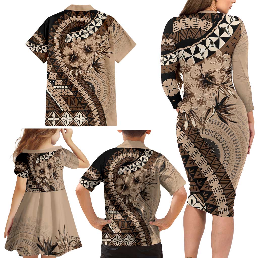 Bula Fiji Family Matching Long Sleeve Bodycon Dress and Hawaiian Shirt Mocha Brown Kaivity Masi Tapa LT7 - Polynesian Pride