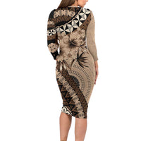 Bula Fiji Family Matching Long Sleeve Bodycon Dress and Hawaiian Shirt Mocha Brown Kaivity Masi Tapa LT7 - Polynesian Pride
