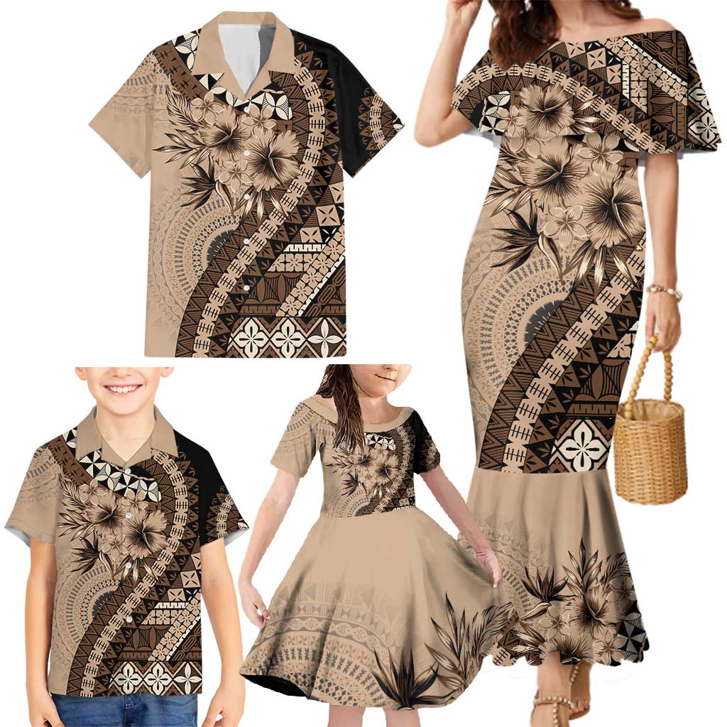 Bula Fiji Family Matching Mermaid Dress and Hawaiian Shirt Mocha Brown Kaivity Masi Tapa LT7 - Polynesian Pride