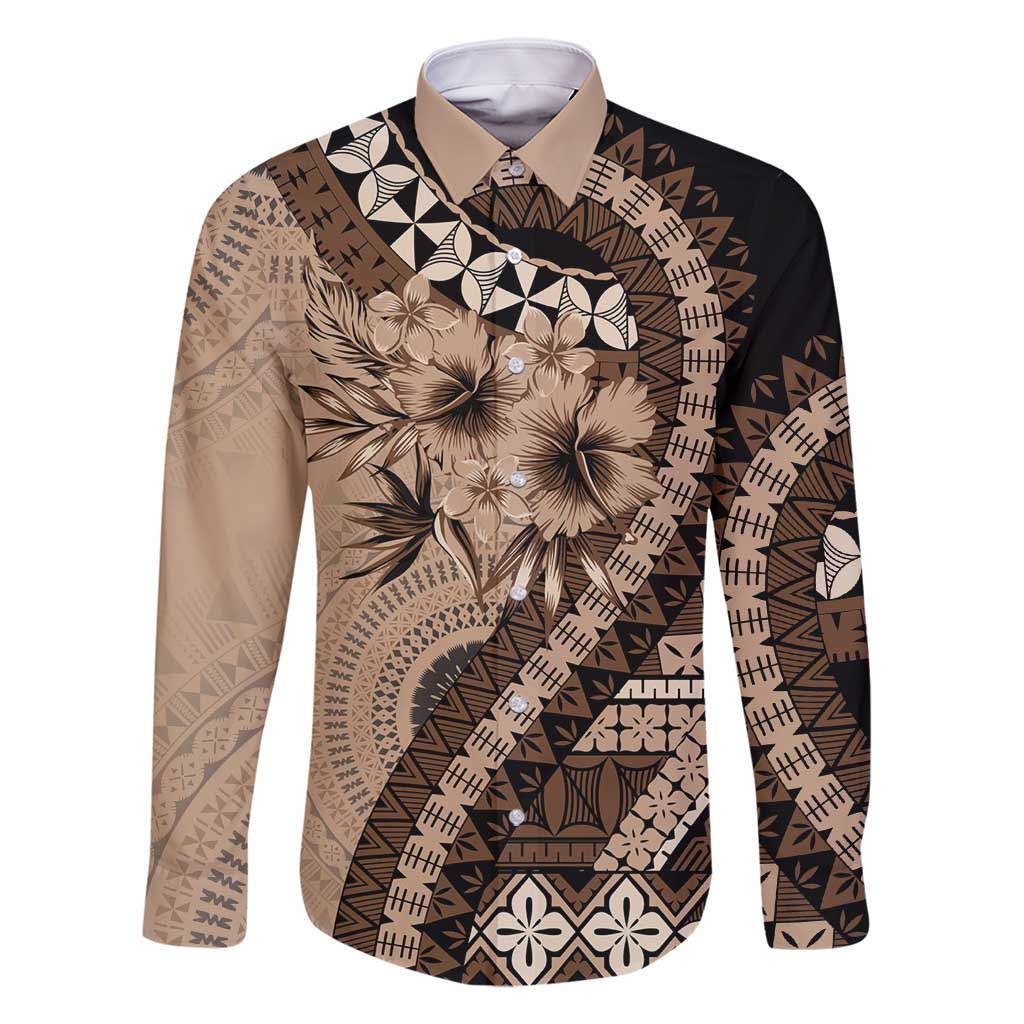 Bula Fiji Family Matching Mermaid Dress and Hawaiian Shirt Mocha Brown Kaivity Masi Tapa LT7 Dad's Shirt - Long Sleeve Brown - Polynesian Pride