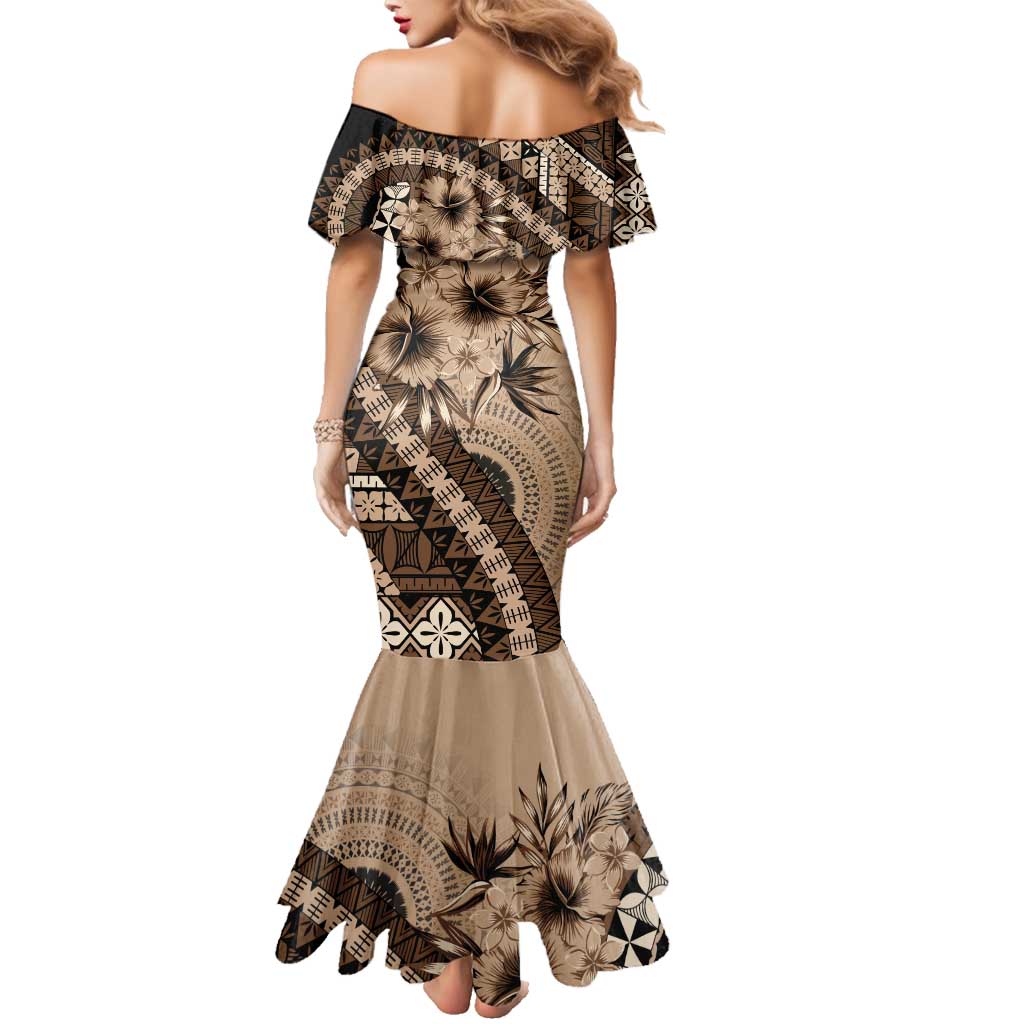 Bula Fiji Family Matching Mermaid Dress and Hawaiian Shirt Mocha Brown Kaivity Masi Tapa LT7 - Polynesian Pride