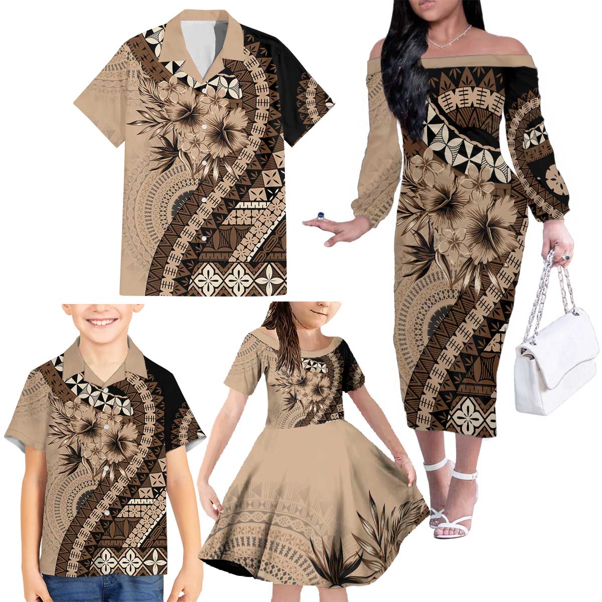 Bula Fiji Family Matching Off The Shoulder Long Sleeve Dress and Hawaiian Shirt Mocha Brown Kaivity Masi Tapa LT7 - Polynesian Pride