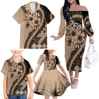 Bula Fiji Family Matching Off The Shoulder Long Sleeve Dress and Hawaiian Shirt Mocha Brown Kaivity Masi Tapa LT7 - Polynesian Pride