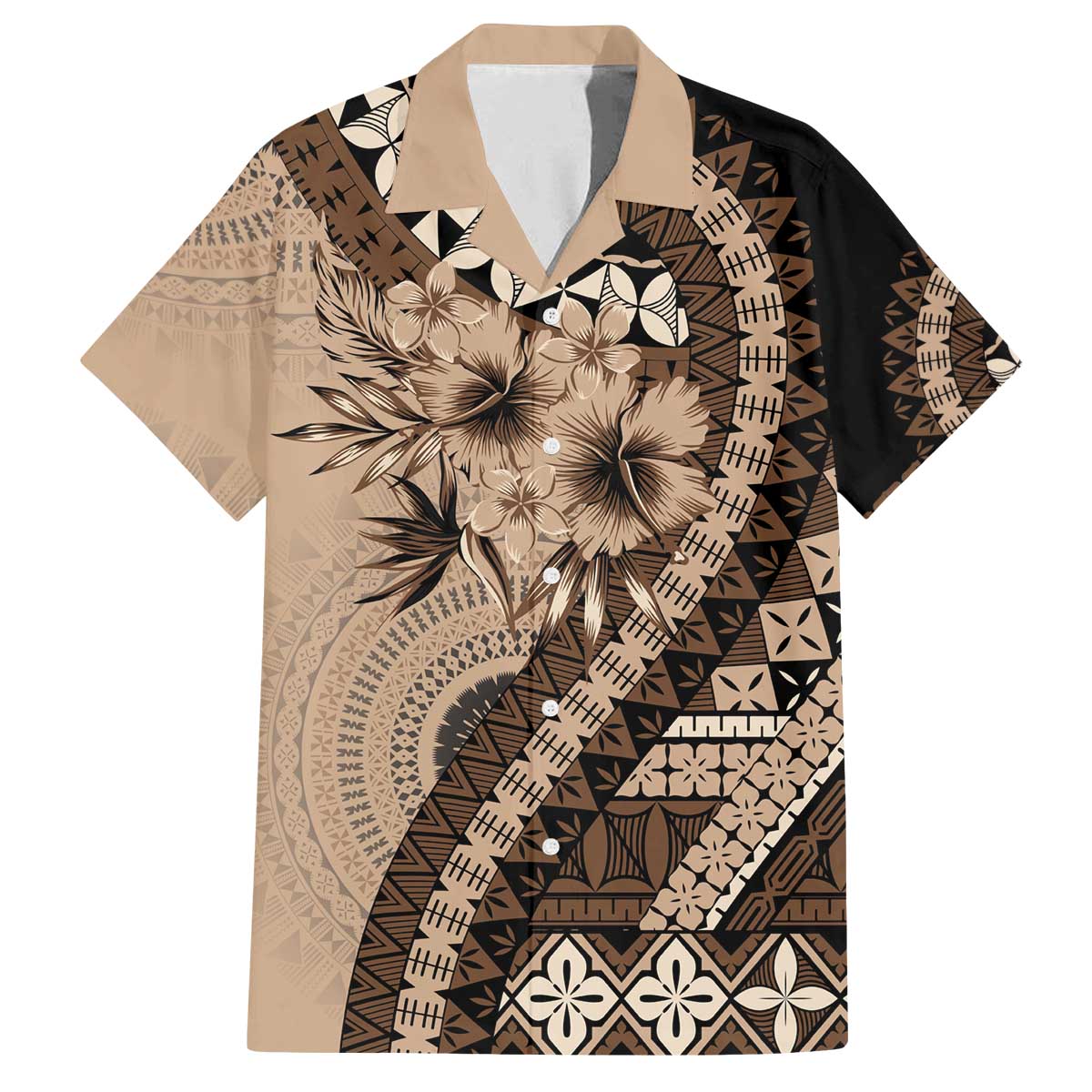Bula Fiji Family Matching Off The Shoulder Long Sleeve Dress and Hawaiian Shirt Mocha Brown Kaivity Masi Tapa LT7 Dad's Shirt - Short Sleeve Brown - Polynesian Pride