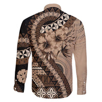 Bula Fiji Family Matching Off The Shoulder Long Sleeve Dress and Hawaiian Shirt Mocha Brown Kaivity Masi Tapa LT7 - Polynesian Pride