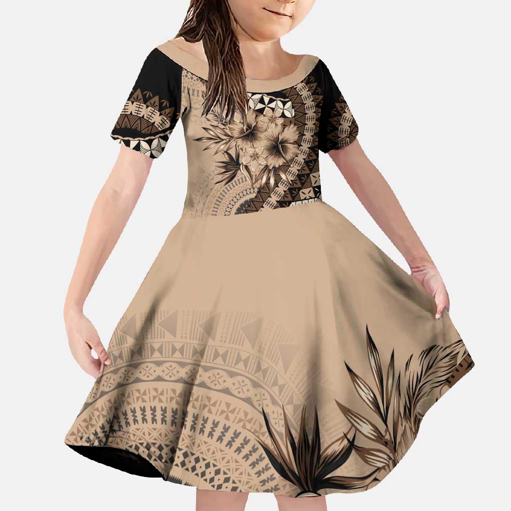 Bula Fiji Family Matching Off Shoulder Maxi Dress and Hawaiian Shirt Mocha Brown Kaivity Masi Tapa LT7 Daughter's Dress Brown - Polynesian Pride
