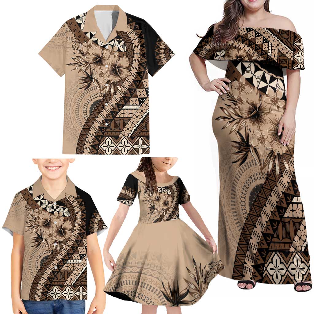 Bula Fiji Family Matching Off Shoulder Maxi Dress and Hawaiian Shirt Mocha Brown Kaivity Masi Tapa LT7 - Polynesian Pride