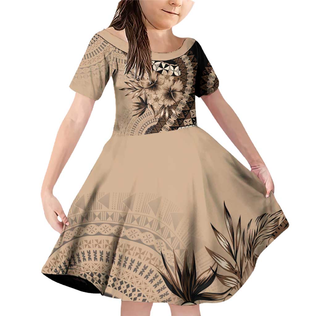 Bula Fiji Family Matching Off Shoulder Short Dress and Hawaiian Shirt Mocha Brown Kaivity Masi Tapa LT7 Daughter's Dress Brown - Polynesian Pride