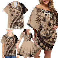 Bula Fiji Family Matching Off Shoulder Short Dress and Hawaiian Shirt Mocha Brown Kaivity Masi Tapa LT7 - Polynesian Pride