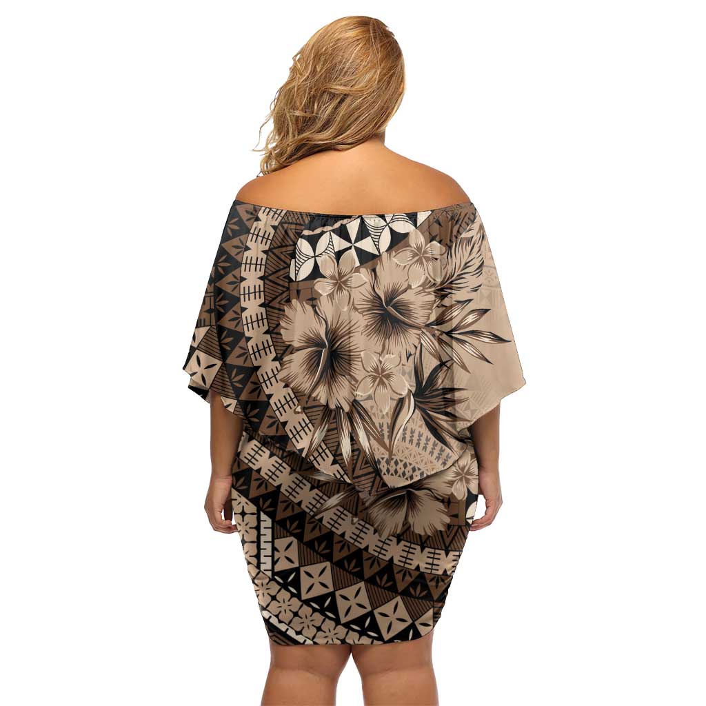 Bula Fiji Family Matching Off Shoulder Short Dress and Hawaiian Shirt Mocha Brown Kaivity Masi Tapa LT7 - Polynesian Pride
