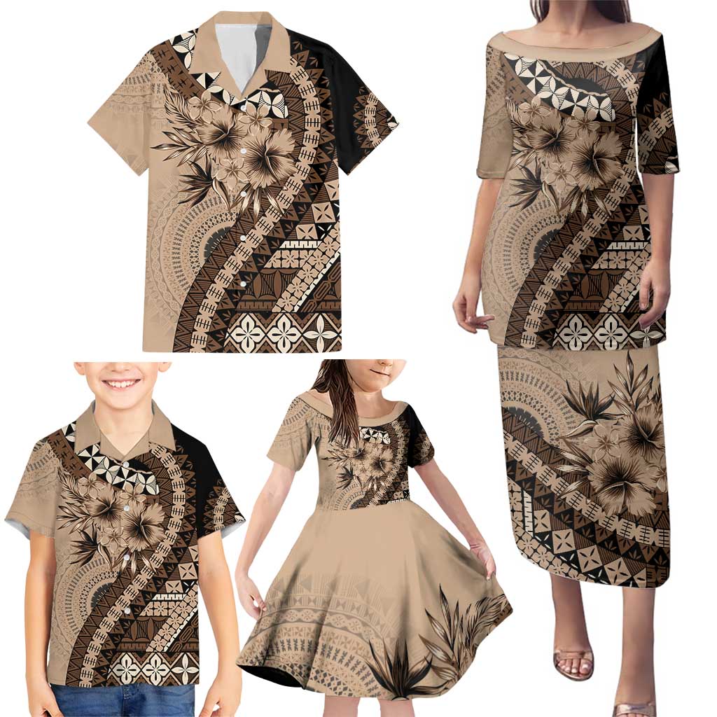 Bula Fiji Family Matching Puletasi and Hawaiian Shirt Mocha Brown Kaivity Masi Tapa LT7 - Polynesian Pride