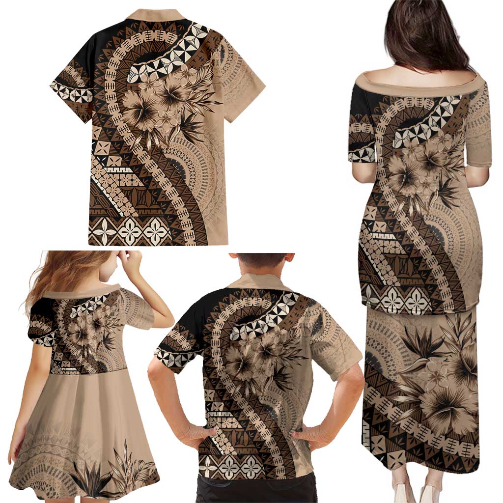 Bula Fiji Family Matching Puletasi and Hawaiian Shirt Mocha Brown Kaivity Masi Tapa LT7 - Polynesian Pride