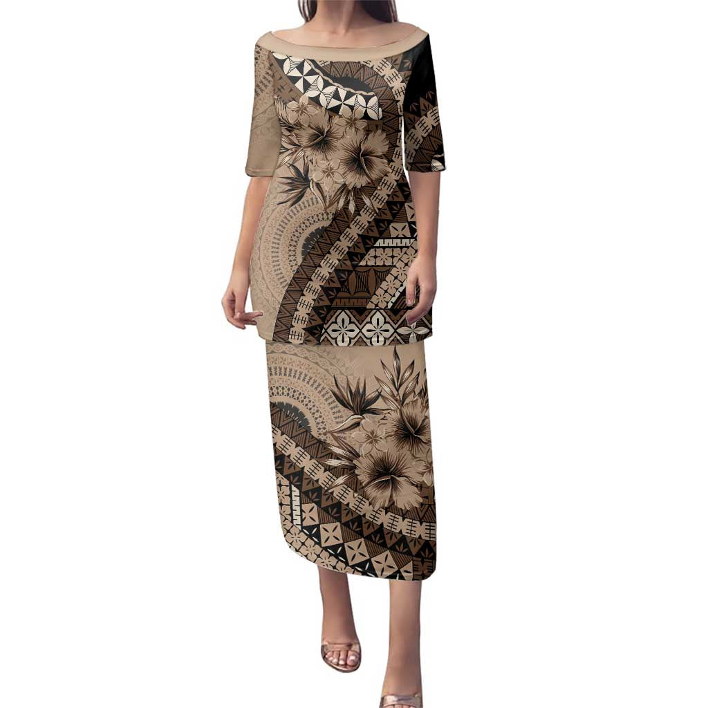 Bula Fiji Family Matching Puletasi and Hawaiian Shirt Mocha Brown Kaivity Masi Tapa LT7 Mom's Dress Brown - Polynesian Pride