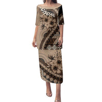 Bula Fiji Family Matching Puletasi and Hawaiian Shirt Mocha Brown Kaivity Masi Tapa LT7 Mom's Dress Brown - Polynesian Pride