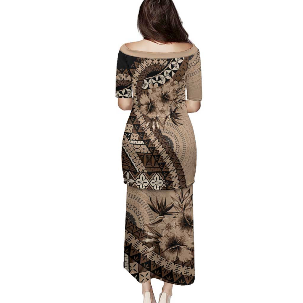 Bula Fiji Family Matching Puletasi and Hawaiian Shirt Mocha Brown Kaivity Masi Tapa LT7 - Polynesian Pride