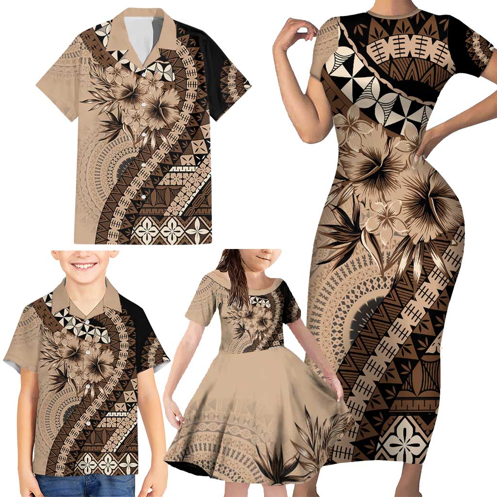 Bula Fiji Family Matching Short Sleeve Bodycon Dress and Hawaiian Shirt Mocha Brown Kaivity Masi Tapa LT7 - Polynesian Pride