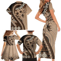 Bula Fiji Family Matching Short Sleeve Bodycon Dress and Hawaiian Shirt Mocha Brown Kaivity Masi Tapa LT7 - Polynesian Pride