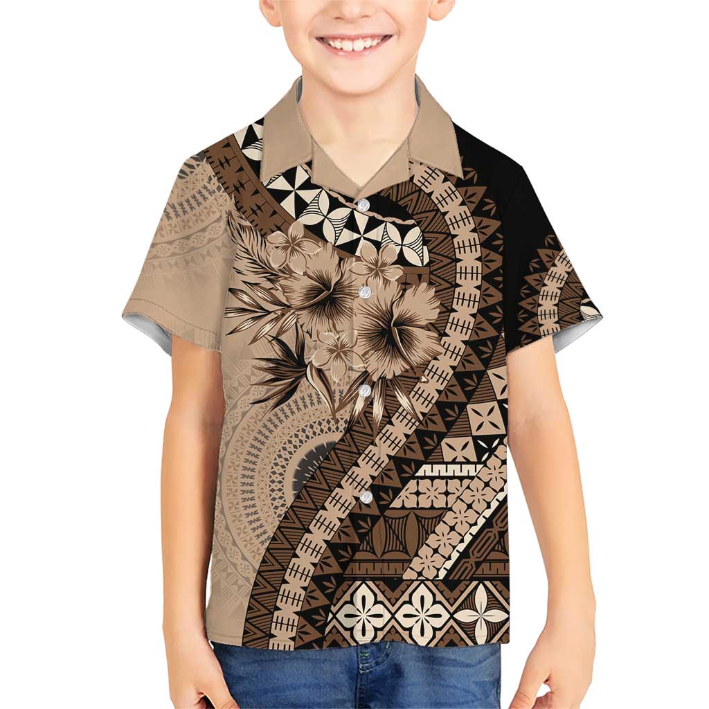 Bula Fiji Family Matching Short Sleeve Bodycon Dress and Hawaiian Shirt Mocha Brown Kaivity Masi Tapa LT7 Son's Shirt Brown - Polynesian Pride