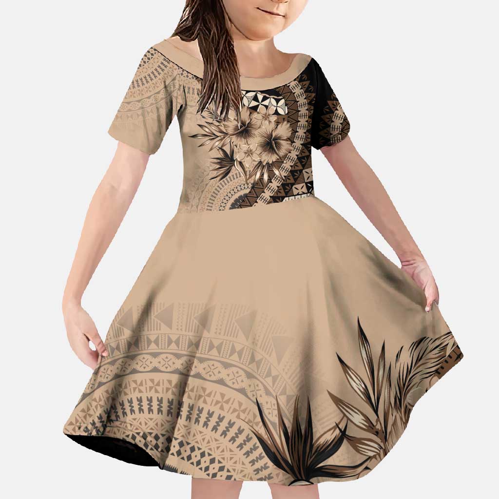 Bula Fiji Family Matching Summer Maxi Dress and Hawaiian Shirt Mocha Brown Kaivity Masi Tapa LT7 Daughter's Dress Brown - Polynesian Pride