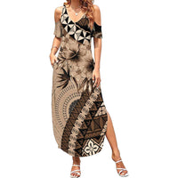 Bula Fiji Family Matching Summer Maxi Dress and Hawaiian Shirt Mocha Brown Kaivity Masi Tapa LT7 Mom's Dress Brown - Polynesian Pride
