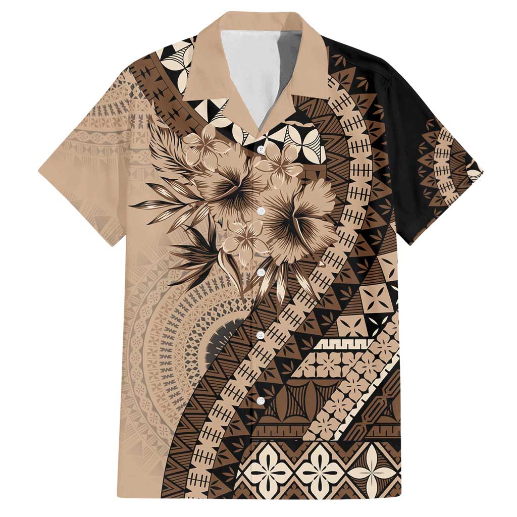 Bula Fiji Family Matching Tank Maxi Dress and Hawaiian Shirt Mocha Brown Kaivity Masi Tapa LT7 Dad's Shirt - Short Sleeve Brown - Polynesian Pride