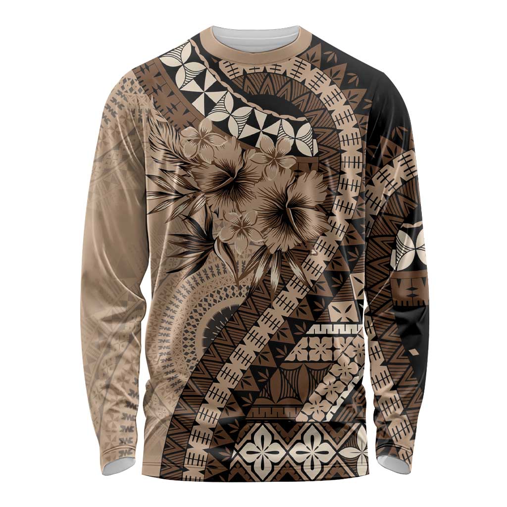 Bula Fiji Long Sleeve Shirt Mocha Brown Kaivity Masi Tapa LT7 Unisex Brown - Polynesian Pride