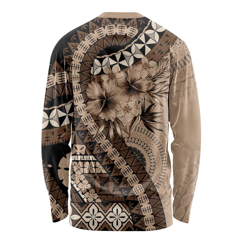 Bula Fiji Long Sleeve Shirt Mocha Brown Kaivity Masi Tapa LT7 - Polynesian Pride