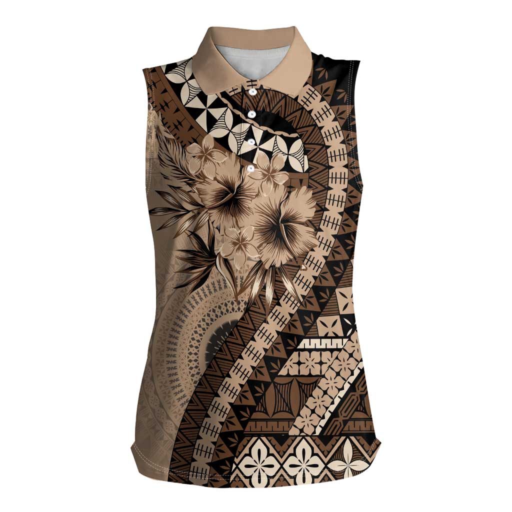 Bula Fiji Women Sleeveless Polo Shirt Mocha Brown Kaivity Masi Tapa LT7 Female Brown - Polynesian Pride