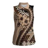 Bula Fiji Women Sleeveless Polo Shirt Mocha Brown Kaivity Masi Tapa LT7 Female Brown - Polynesian Pride