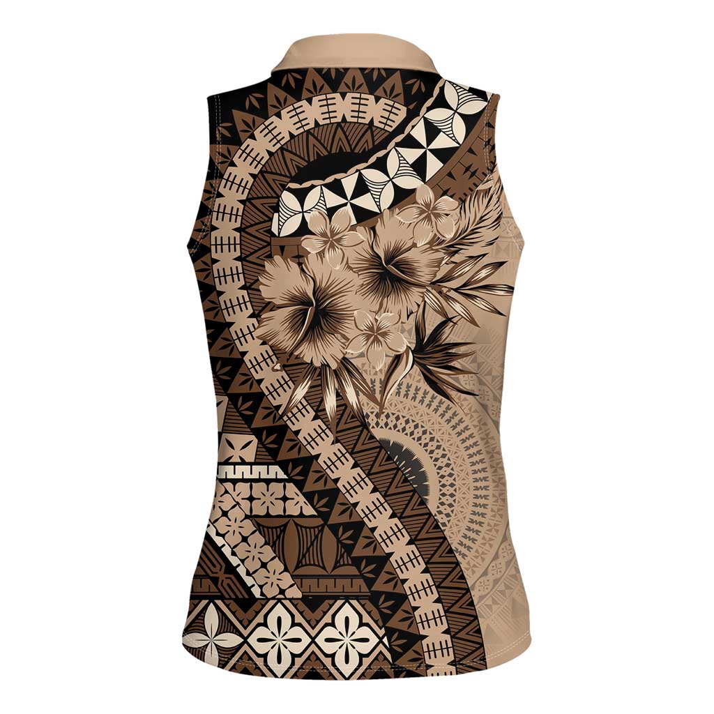 Bula Fiji Women Sleeveless Polo Shirt Mocha Brown Kaivity Masi Tapa LT7 - Polynesian Pride
