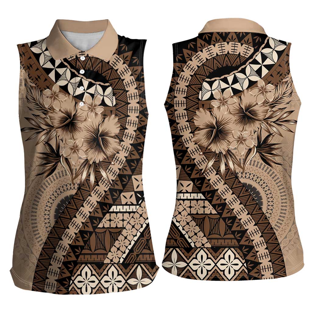 Bula Fiji Women Sleeveless Polo Shirt Mocha Brown Kaivity Masi Tapa LT7 - Polynesian Pride