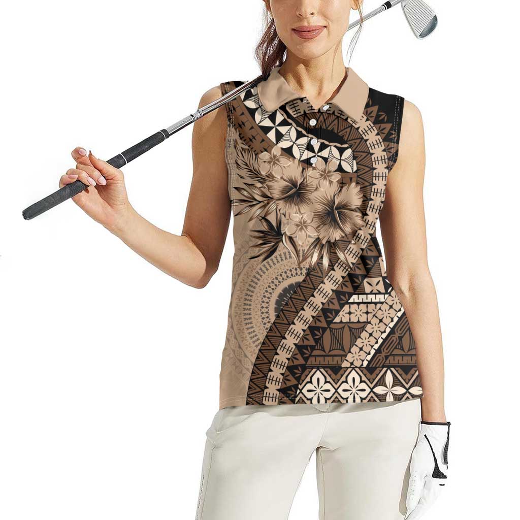 Bula Fiji Women Sleeveless Polo Shirt Mocha Brown Kaivity Masi Tapa LT7 - Polynesian Pride