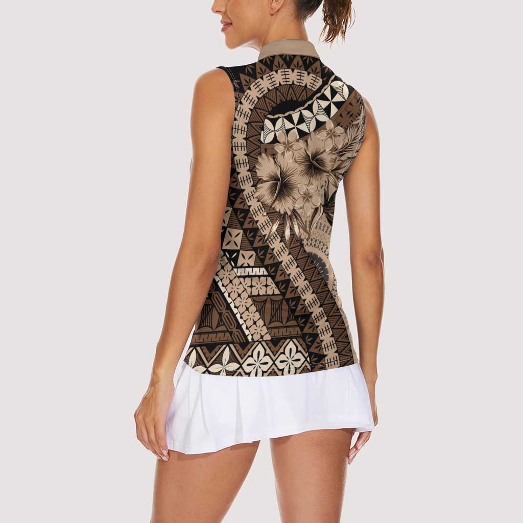 Bula Fiji Women Sleeveless Polo Shirt Mocha Brown Kaivity Masi Tapa LT7 - Polynesian Pride