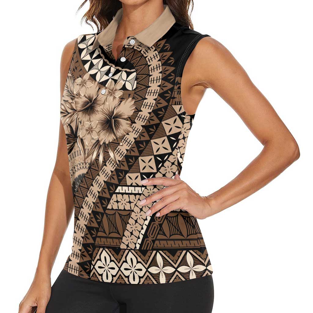 Bula Fiji Women Sleeveless Polo Shirt Mocha Brown Kaivity Masi Tapa LT7 - Polynesian Pride