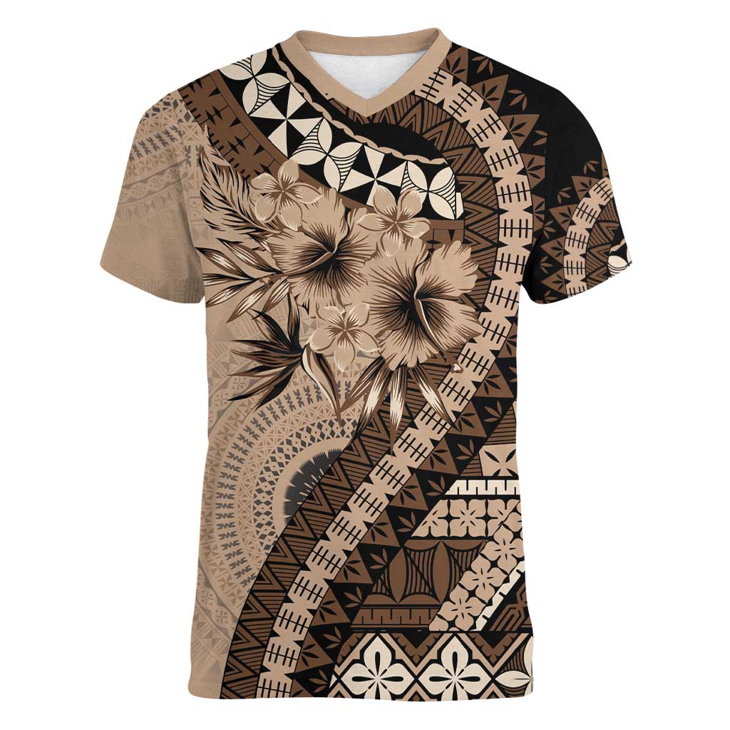 Bula Fiji Women V-Neck T-Shirt Mocha Brown Kaivity Masi Tapa LT7 Female Brown - Polynesian Pride