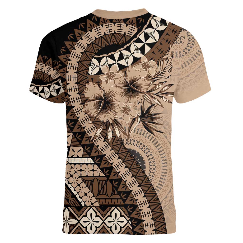 Bula Fiji Women V-Neck T-Shirt Mocha Brown Kaivity Masi Tapa LT7 - Polynesian Pride