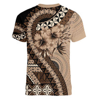 Bula Fiji Women V-Neck T-Shirt Mocha Brown Kaivity Masi Tapa LT7 - Polynesian Pride