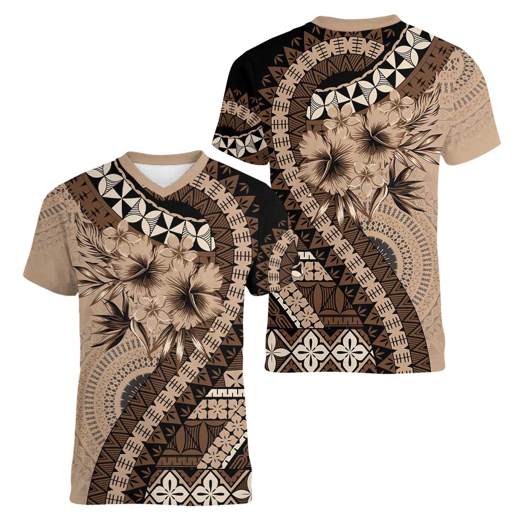 Bula Fiji Women V-Neck T-Shirt Mocha Brown Kaivity Masi Tapa LT7 - Polynesian Pride
