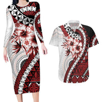 Bula Fiji Couples Matching Long Sleeve Bodycon Dress and Hawaiian Shirt White Kaivity Masi Tapa LT7 White - Polynesian Pride