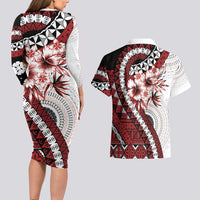 Bula Fiji Couples Matching Long Sleeve Bodycon Dress and Hawaiian Shirt White Kaivity Masi Tapa LT7 - Polynesian Pride