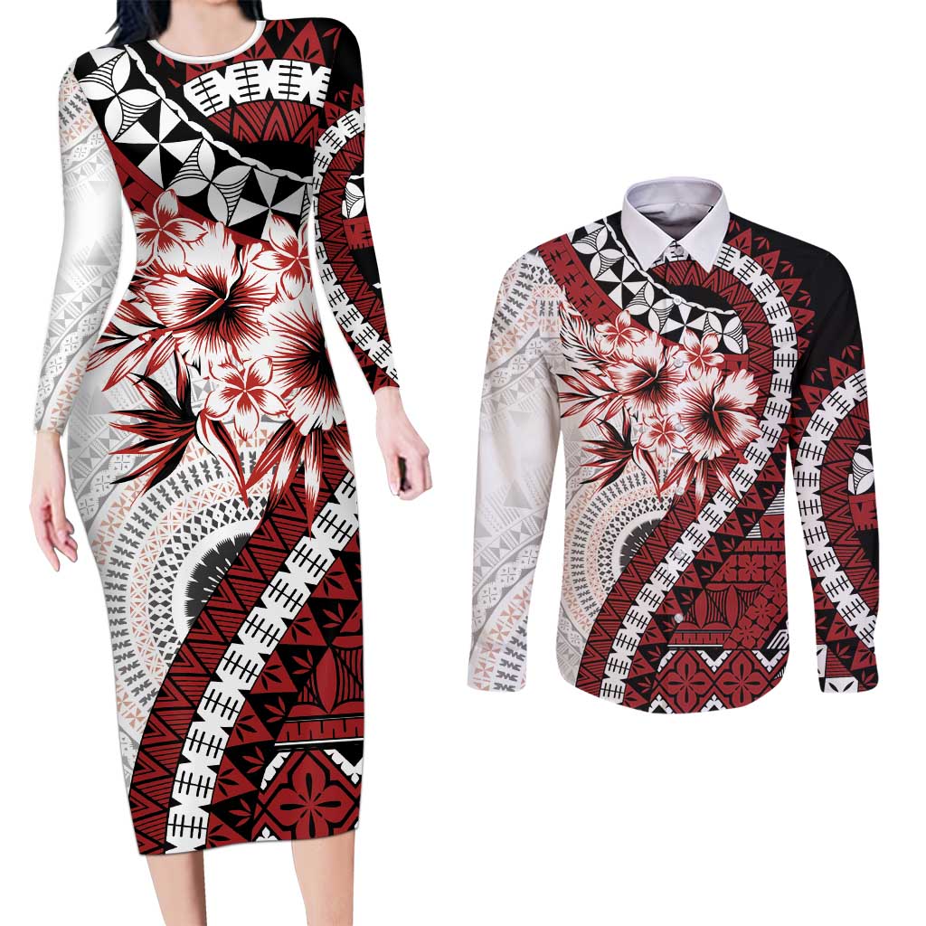 Bula Fiji Couples Matching Long Sleeve Bodycon Dress and Long Sleeve Button Shirt White Kaivity Masi Tapa LT7 White - Polynesian Pride