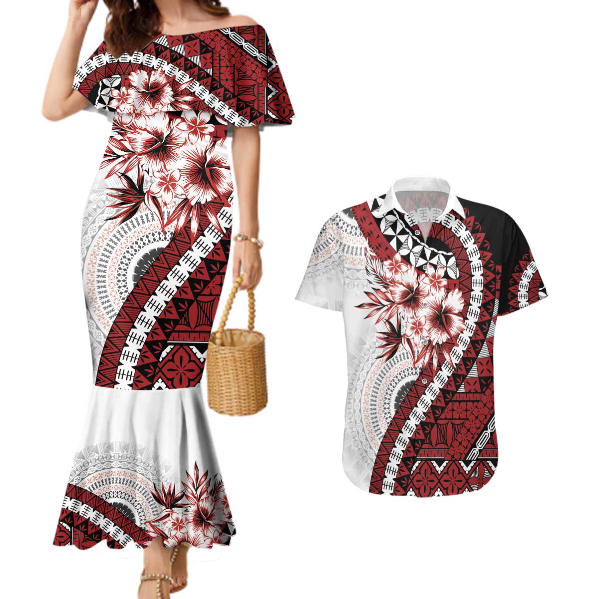 Bula Fiji Couples Matching Mermaid Dress and Hawaiian Shirt White Kaivity Masi Tapa LT7 White - Polynesian Pride