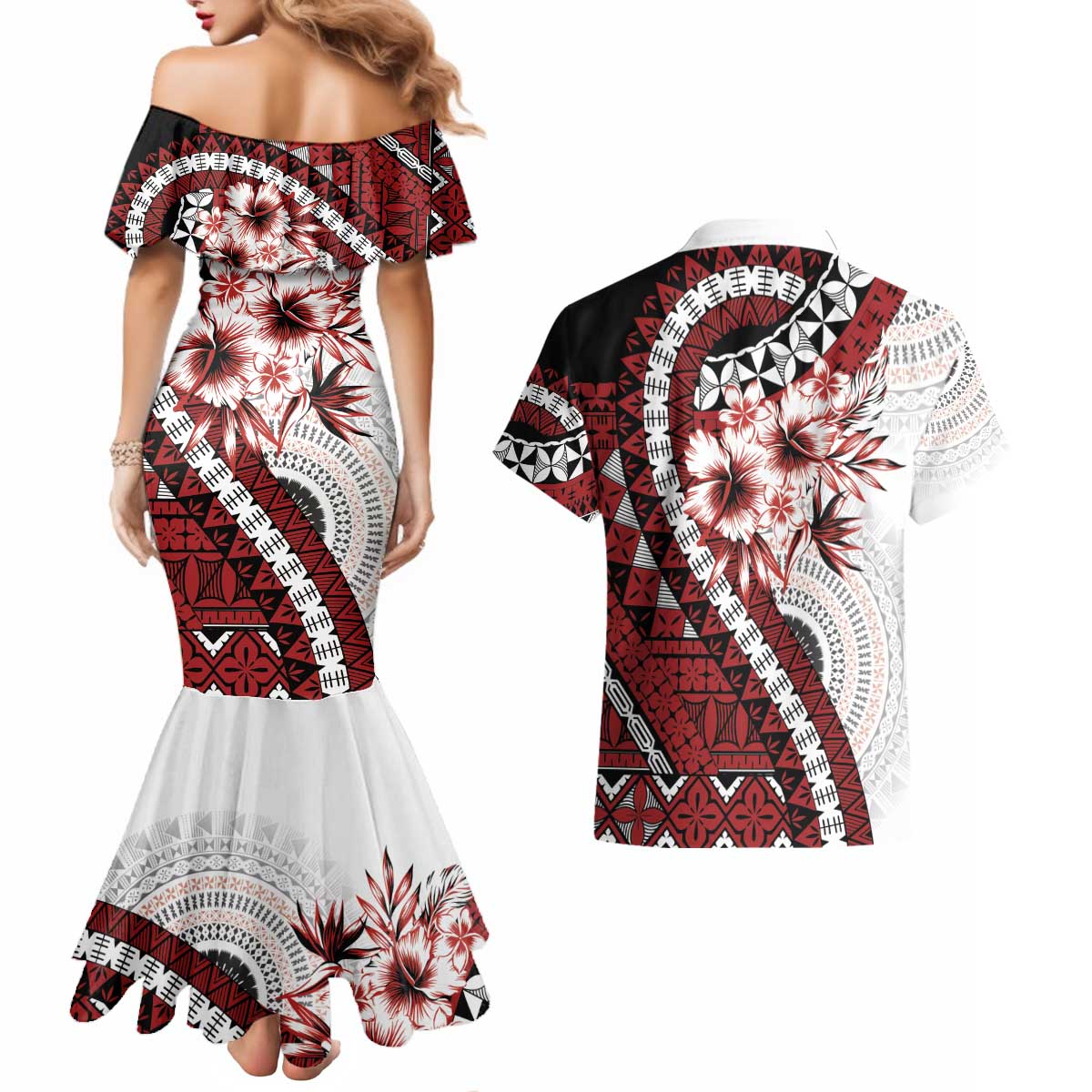 Bula Fiji Couples Matching Mermaid Dress and Hawaiian Shirt White Kaivity Masi Tapa LT7 - Polynesian Pride