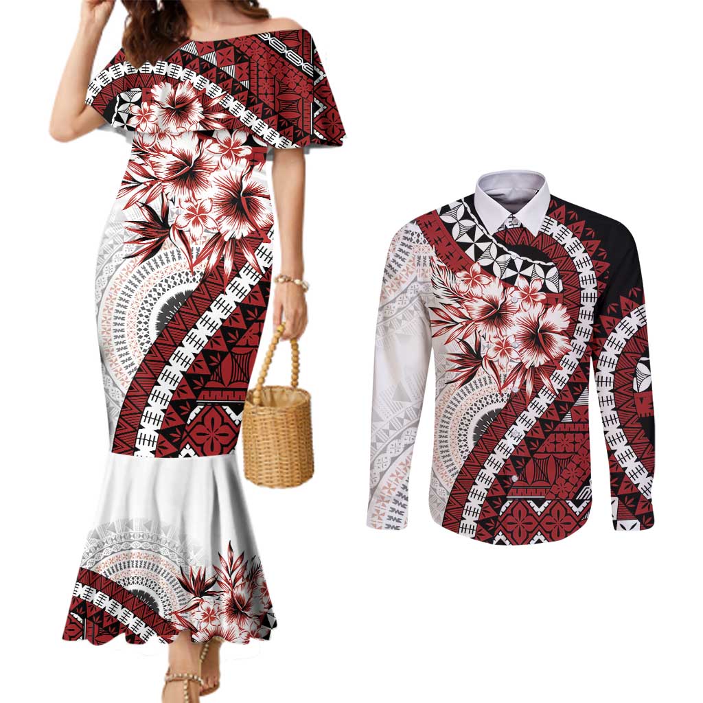 Bula Fiji Couples Matching Mermaid Dress and Long Sleeve Button Shirt White Kaivity Masi Tapa LT7 White - Polynesian Pride