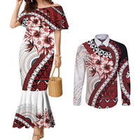 Bula Fiji Couples Matching Mermaid Dress and Long Sleeve Button Shirt White Kaivity Masi Tapa LT7 White - Polynesian Pride
