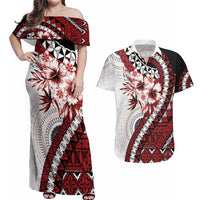 Bula Fiji Couples Matching Off Shoulder Maxi Dress and Hawaiian Shirt White Kaivity Masi Tapa LT7 White - Polynesian Pride