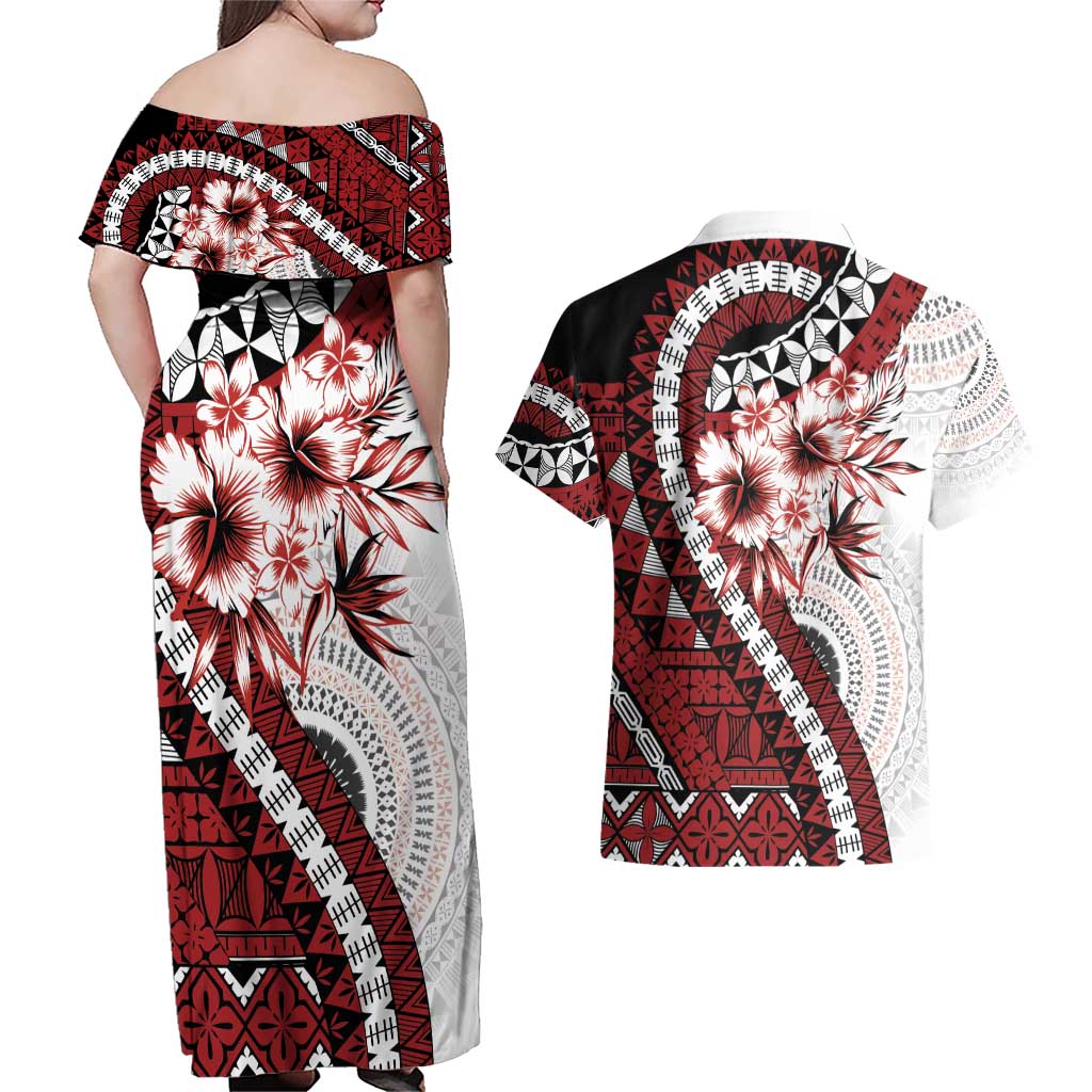 Bula Fiji Couples Matching Off Shoulder Maxi Dress and Hawaiian Shirt White Kaivity Masi Tapa LT7 - Polynesian Pride